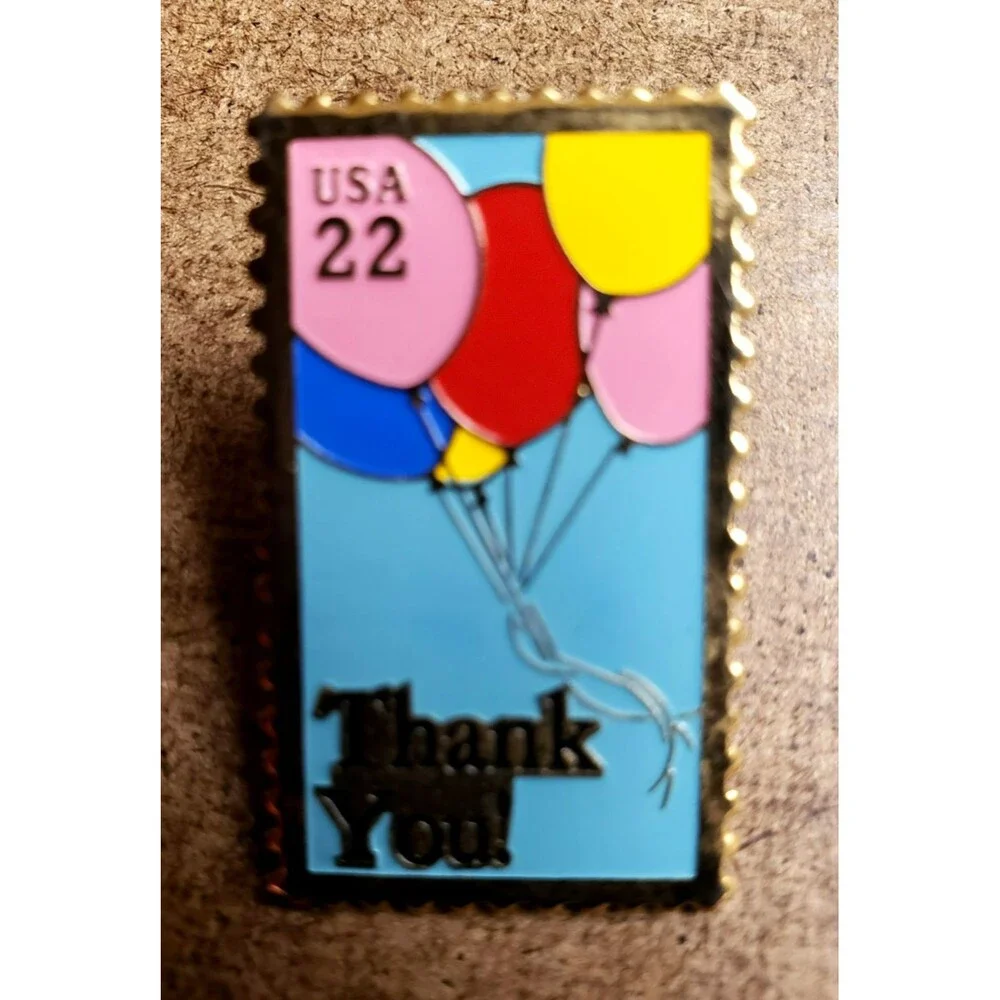 Vintage USA USPS Postal BALLOONS THANK YOU 22¢ STAMP Metal GOLD Lapel PIN 1980s
